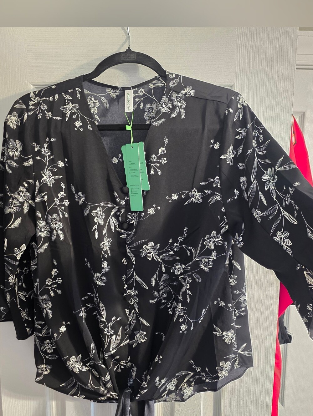 Black Floral Tie-Front Women's Top